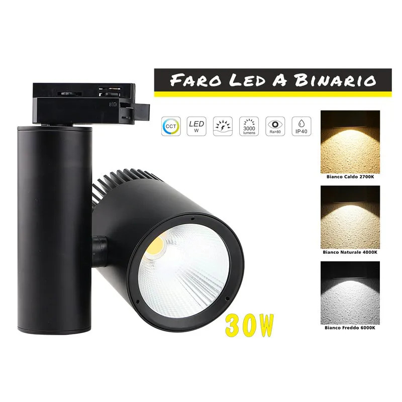 Faro Lampada Led A Binario 30W Mono Fase CCT CRI 90 Carcassa Nera 2700K 4000K 60