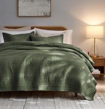 Striped Olive Green 100 Cotton Quilt California Cal King Size Bedding Sets, ...