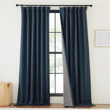 100 Blackout Faux Linen Navy Blue Curtains 108 Inches Long, Pinch Pleated Room