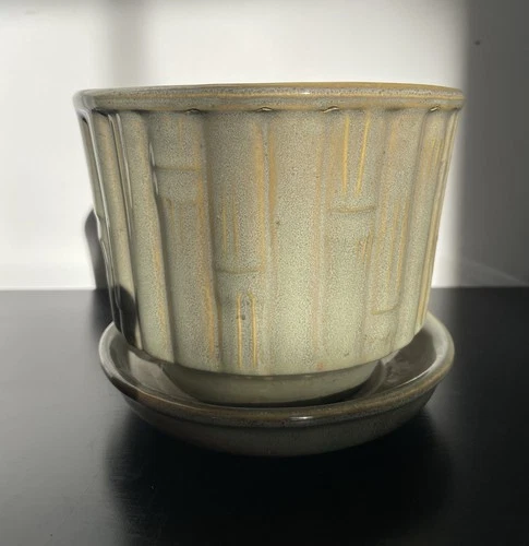 McCoy #0374 Green Bamboo Flower Pot W/dish VTG Jardiniere Design Mid Century