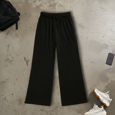 Black French Terry Wide Trouser-Leg Pants Relaxed Fit Baggy Sweatpants