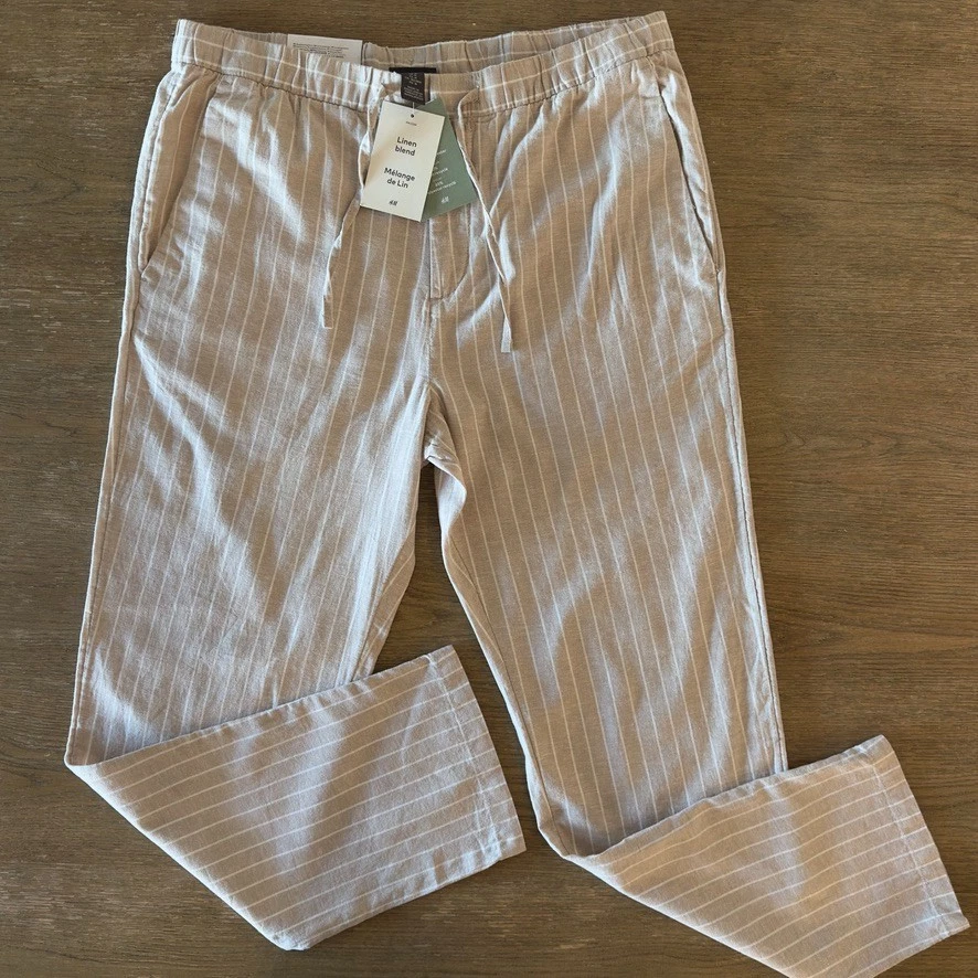 NUEVO H&M Pantalón Edición Limitada Rayas Lino Mezcla Algodón-Cintura Elástica-Beige-Talla M