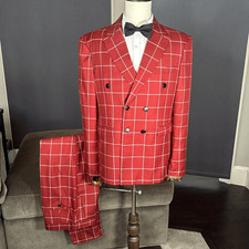 Men  s Check Plaid 3 Piece Suit Double Breasted Peak Lapel 42 Jacket 38 Pants NEW