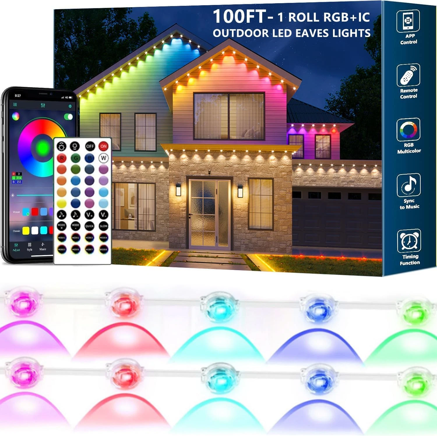 100Ft Smart RGB Outdoor LED Lights - Waterproof for Holidays & Daily Decor