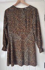 H&M 12 Dress Leopard Print Brown Black Long Sleeve A-Line Mini Zip Frill Cuff
