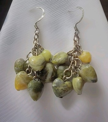 Vintage Sterling Silver Green Heart Stone Agate Cluster Dangle Earrings Lucky 
