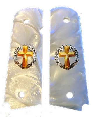 1911 Pearl grips Fits ALL Gov. & Clones White Mother of Pearl Gold Cross