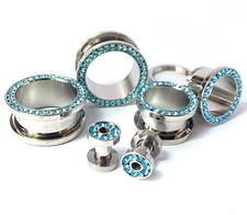 PAIR Aqua CZ Gem Rimmed 316L Surgical Steel Screw Fit Tunnel Plug Gauges