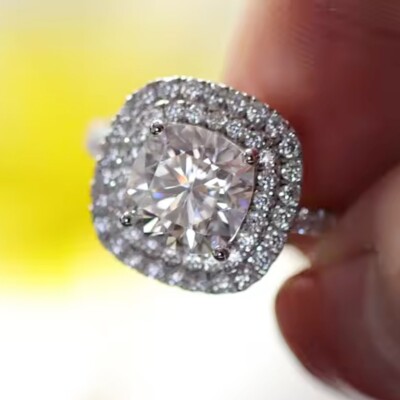 2.34Ctw Cushion Cut Moissanite Double Halo Engagement Ring 14K White Gold Plated