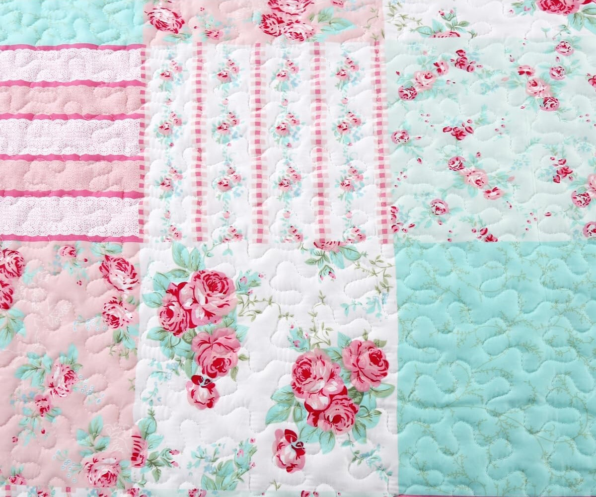 PINK BLOSSOM 3pc Queen QUILT COZY GIRLS ROSE BLUE GREEN GARDEN