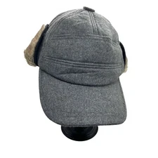 Baseball Aviator Trapper Hat Vtg Fan Fancet Men's Gray Flannel Round Bill Size L