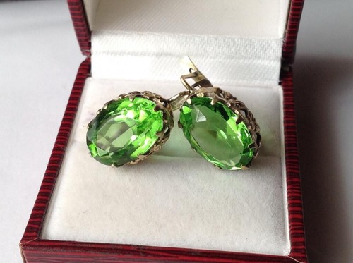 Vintage USSR Pair Earrings Gilt Sterling Silver 875 Stone Jewelry Women's 7.01gr - Picture 7 of 7