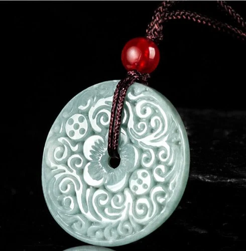 Certified Natural Green Burma Jade jadeite Carved Circle Donut Pendant Necklace - Bild 6 von 8
