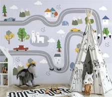 3D Animal Car Map Cartoon Kids Self-adhesive Removeable Wallpaper Wall Mural