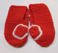 New Vintage 1960's Hand Knitted Crocheted Red Slippers 8" Long