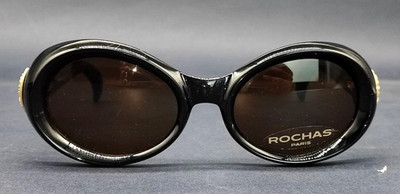 Vintage Rochas Paris 9027 01 Black Oval Sunglasses Gold Logo France Y2K