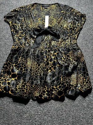 August Silk Women M(43x26) Pullover Lined Gold&Black Blouse Short Sleeve NWT