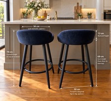 Pair of Midnight Navy Blue Velvet Bar Stools Kitchen Island Chairs W5 London