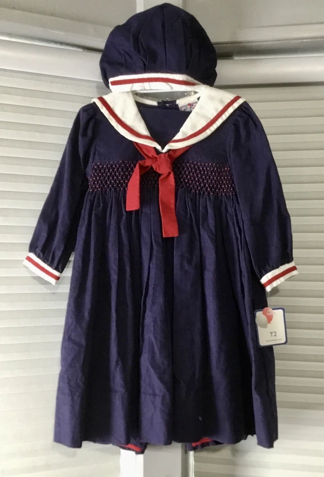 Difícil de Encontrar-80’s-Petit Ami-Marino Náutico Marinero Vestido Calado, Bloomer, Gorro-2T-NUEVO CON ETIQUETAS Foto 4 de 4