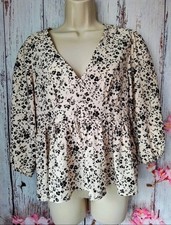 Primark Peplum Blouse Black Beige Floral V Neck Size S UK 8-10