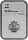 1943 D 1c Lincoln Steel Wheat Cent NGC MS 66 with Grey Toning