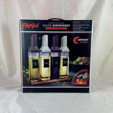 PARINI 4PC AUTO-POUR SAUCE  DISPENSERS WITH ACACIA WOOD TRAY New In Open Box