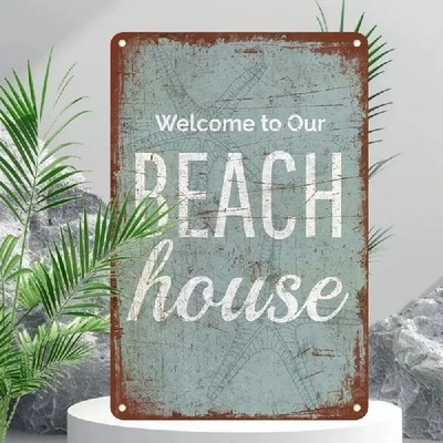 Blechschild Welcome to our Beach House Strandhaus Metallschild TEL2756