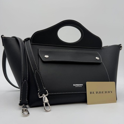 Burberry Soft Pocket 2-Way Shoulder Bag Handbag Black Leather Silver Hardware