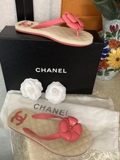 CHANEL Camellia Pink Flower Vamp Sandals 37 EU Box/Dust Bags/2 Camellia Flowers