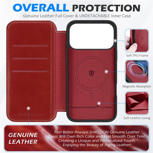 Custodia a portafoglio sottile in vera pelle per iPhone 17 Pro Max 6,9 pollici 2025 | Folio... - Foto 3 di 9