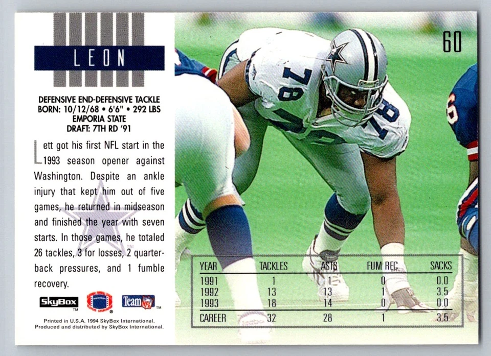 1994 SkyBox Impact #60 Leon Lett - Image 2 of 2