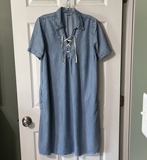 GAP Maternity Denim SS Dress Sz Small Lace Up Neck Coastal Western Boho 