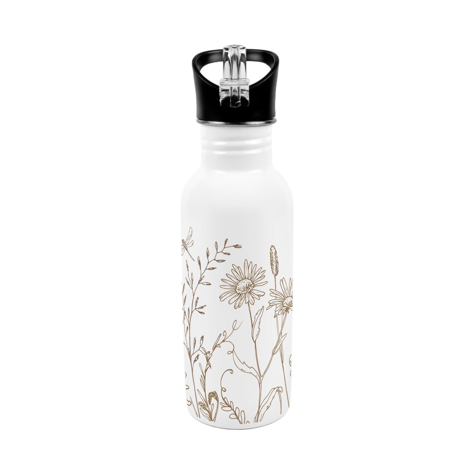 Gold Flowers Metal Canteen Gift - 600ml Water Bottle with Flip-Straw Lid