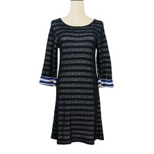 Chanel Camellia Border Pattern Long Sleeve Dress Navy