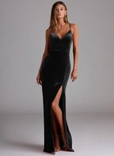 NWT Azazie Black Velvet Maxi Dress Slit A4