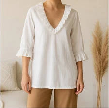 Gretchen Scott Ruffle Cotton Tunic Blouse in White size M