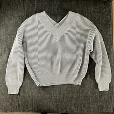 Strickpullover Damen, Grau, Größe M, V-Ausschnitt vorn&hinten, Bauchfrei modern