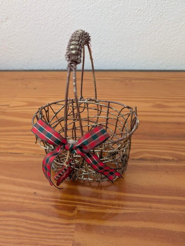 Mini Wire Basket Ornament from Unknown - Holiday Decor (Metal Wire, Ribbon, Glit