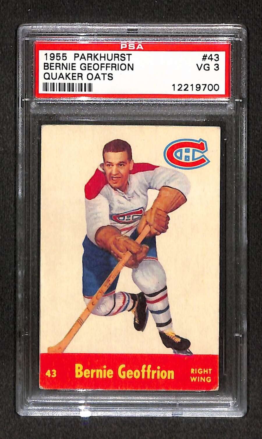 Bernie Geoffrion #43 Hockey Cards 1955 Parkhurst Quaker Oats trading card — raw and PSA graded price guide