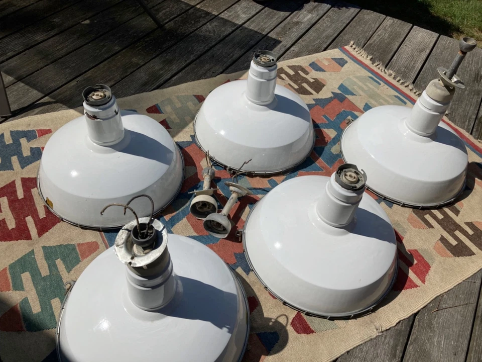 5 Wheeler Fullerton White Porcelain Industrial Shades with Cages. - Image 2 of 4