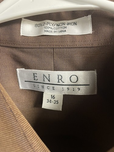 ENRO Shirt Mens 16 34-35 Pure Cotton Brown Long Sleeve 80's 2 Ply Non-Iron MINT - Picture 8 of 12