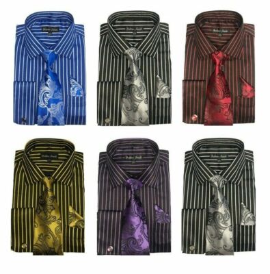 New Men's Striped Fashion Dress Shirt With Tie&Hanky French Cuff Links 6 Colors