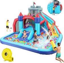 Inflatable Kids Water Slide Jumper Bounce House w/Blower, Water Gun Splash Pool 