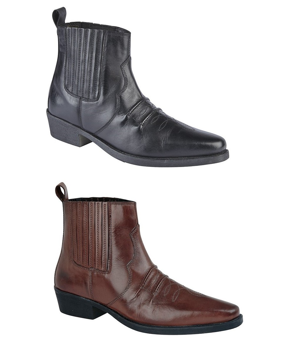 Woodland Mens Leather Gusset Western Cowboy Pull on Chelsea Boots