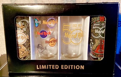 2021 HARD ROCK CAFE 50TH ANNIVERSARY CORDIAL SHOT GLASS 4 PACK BOX