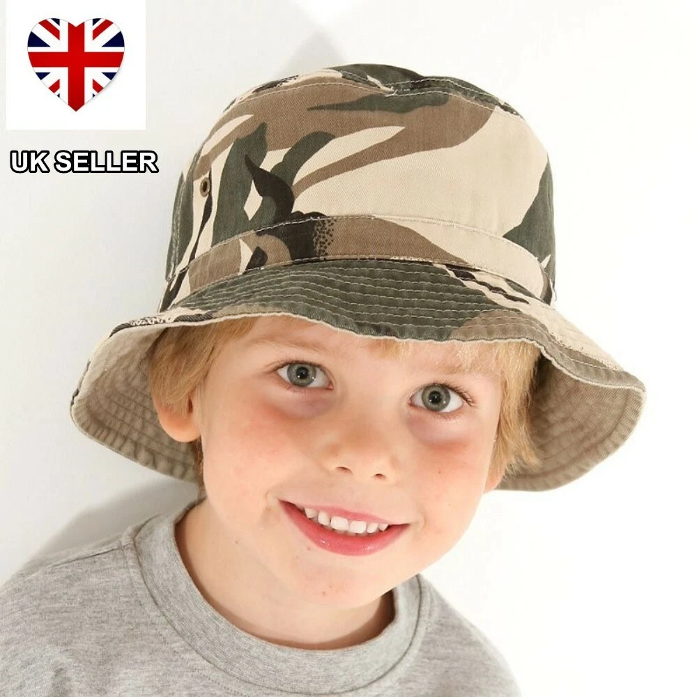 NEW BOYS CHILDS CAMO CAMOUFLAGE BUSH BEANIE BUCKET COTTON SUN HAT