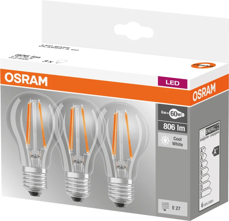 Osram LED 6.5w Light Bulb GLS A60 Base Classic A 60W Cool White 4000k 6 pack - Image 2 of 4