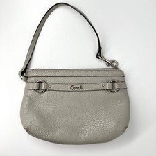 Coach Silver Cursive Logo Gray Pebbled Leather Wristlet 2010s Vintage