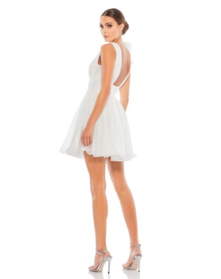 mac duggal white dress short Mac Duggal Women's Fitted Boucle Short Sleeve Button Up Midi Dress