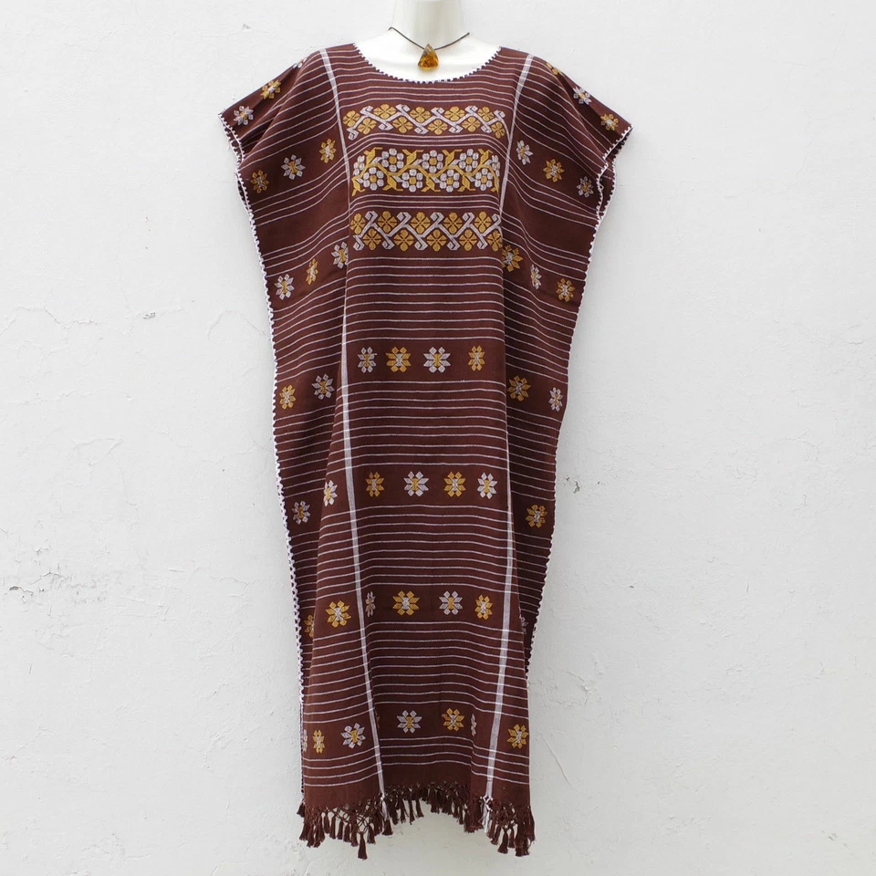Vestido Mexicano Para Mujer Amuzgo Marrón Túnica Huipil Diseño Flores XL/XXL Foto 2 de 4